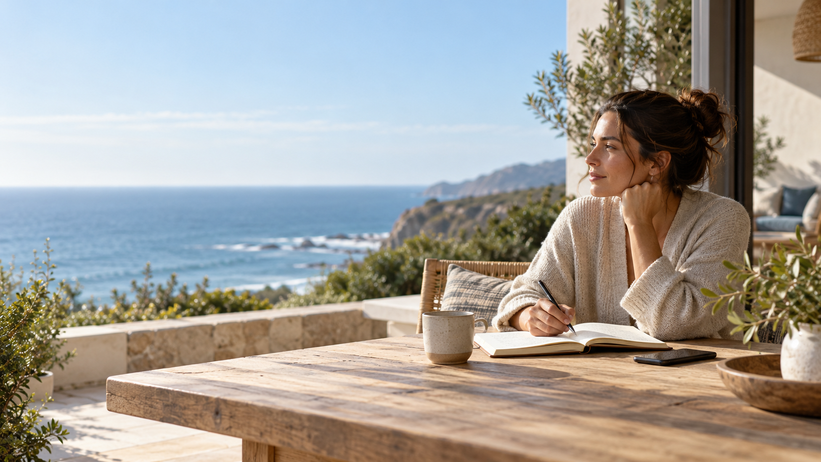 Woman journaling beside the ocean while practicing intentional living