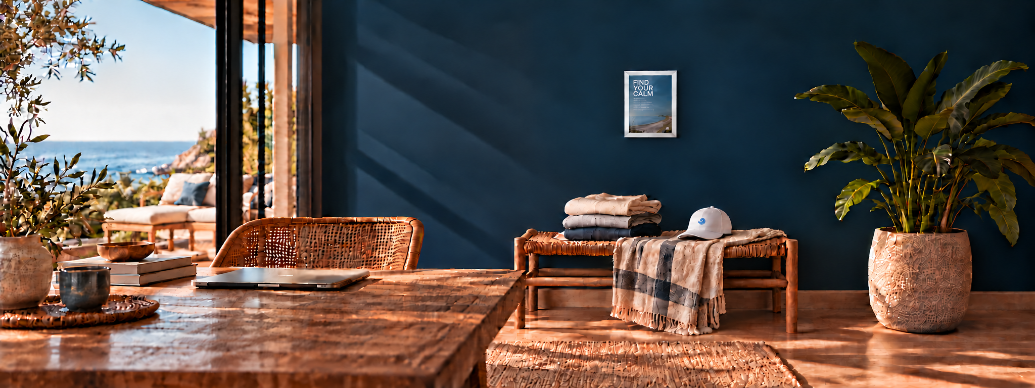 Blue Ocean Life workspace with Find Your Calm wall art, Healing Wave hat, folded apparel, and ocean view