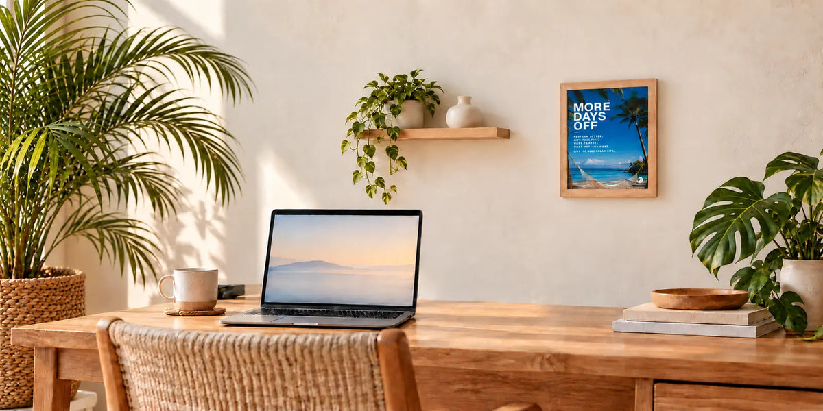 Inspirational wall art displayed in a tropical home office