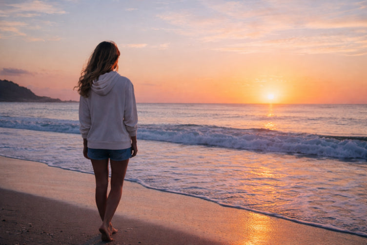 Woman walking on a beach at sunset