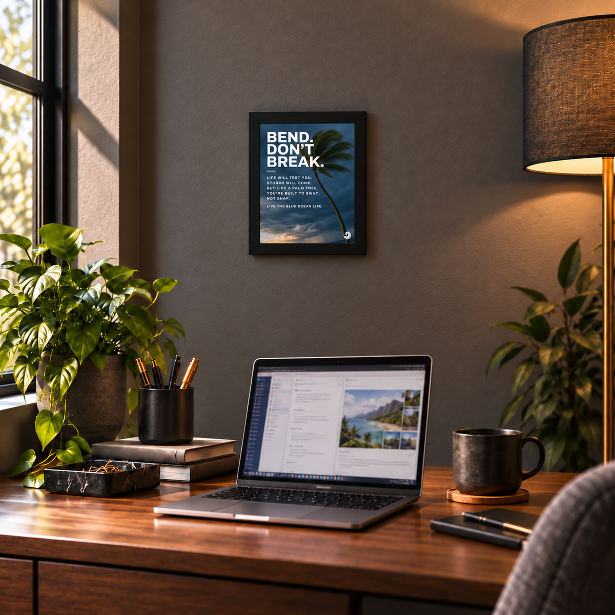 Compact Bend Don’t Break framed print above a laptop in a modern office