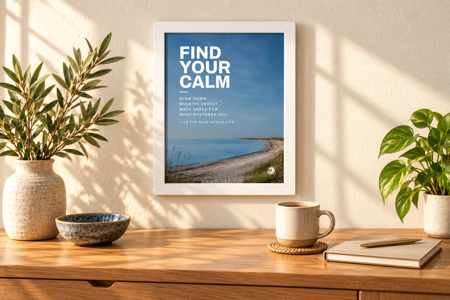 Find Your Calm white-framed wall art above an oak desk, landscape mega-menu image