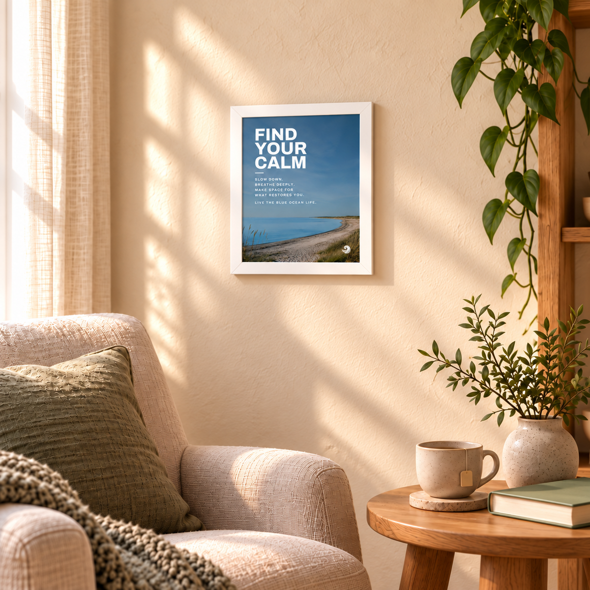 Compact Find Your Calm framed print beside a reading chair