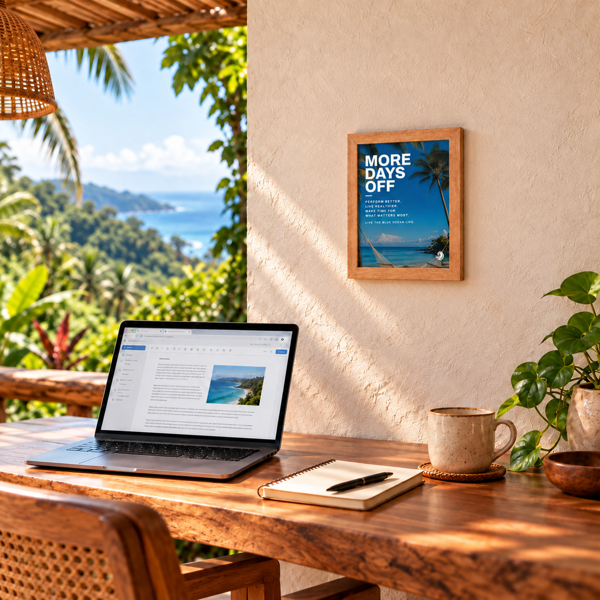 Compact More Days Off framed print in a tropical workspace